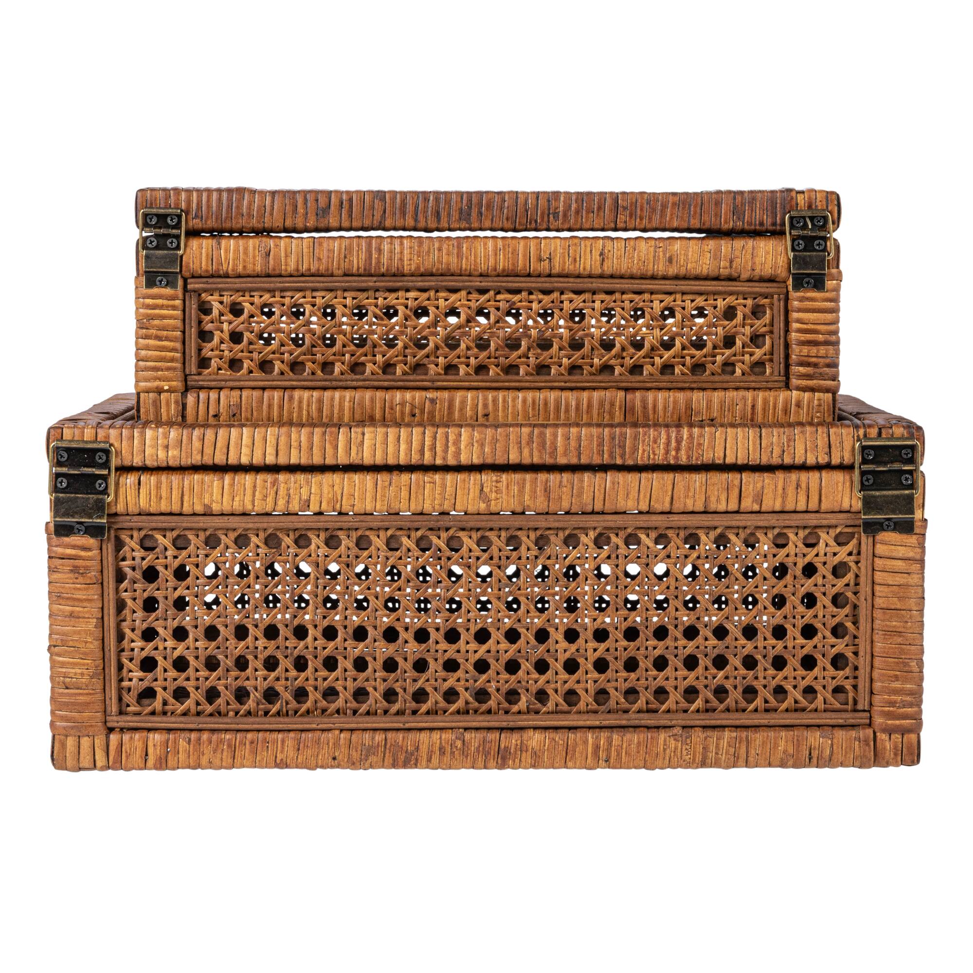 Hello Honey® Dark Brown Modern Decorative Rectangle Woven Rattan & Wood Display Box Set with Glass Top